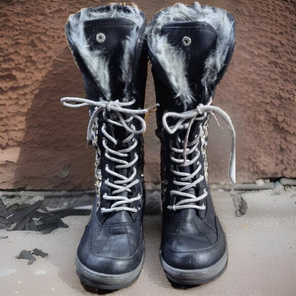 Justice Other - Justice Girls  Black Fur-lined Lace-up Fold Winter Boots W/Sequins Size 8